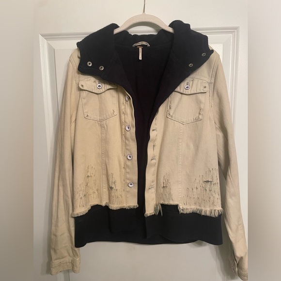Free People Denim Jean Jacket with Navy hooded sweatshirt underneath - Picture 1 of 4